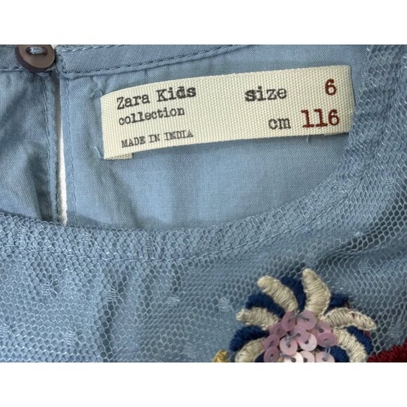 Zara Embroidered Tulle Dress Blue Floral Girls 6 - Picture 9 of 12